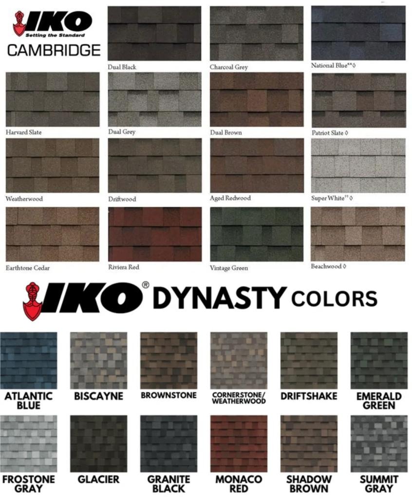 IKO Cambridge and Dynasty asphalt shingle colour options